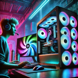 DALL·E 2025 02 09 16.47.13 A Futuristic Gaming Setup With A High Performance Gaming PC RGB Lights And A Powerful Cooling Fan. The Scene Should Have A Cyberpunk Aesthetic With 